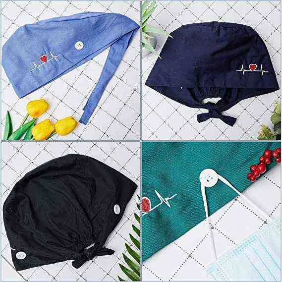 Bordado en forma de corazón Gorro de enfermera Gorro quirúrgico Algodón puro Moda Multicolor Trabajo Tapa antipolvo Ajustable Unisex Vendaje Pañuelo Y21111