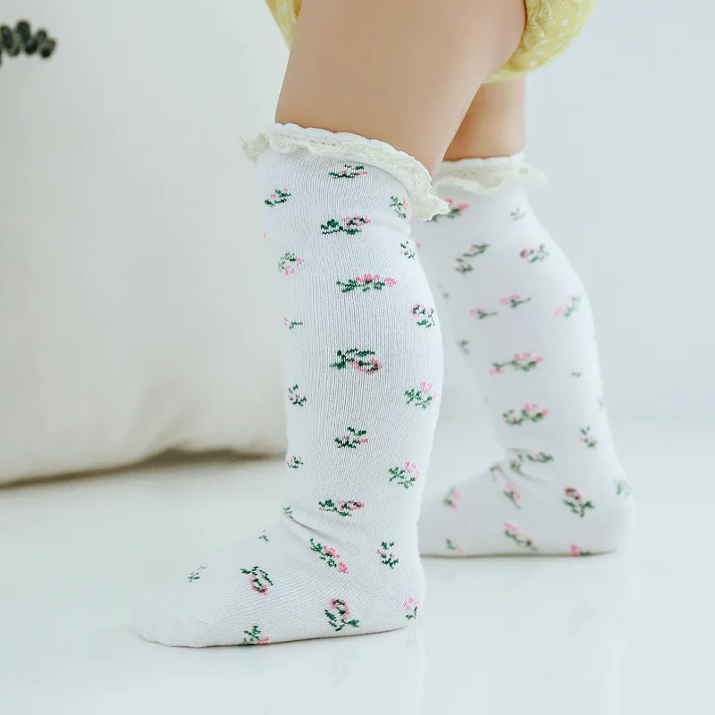 Baby Socks Cotton Girls Knee High Long Sock Lace Infant Leg Warmer Floral Printing Toddler Spring Summer Socks Princess Sokken
