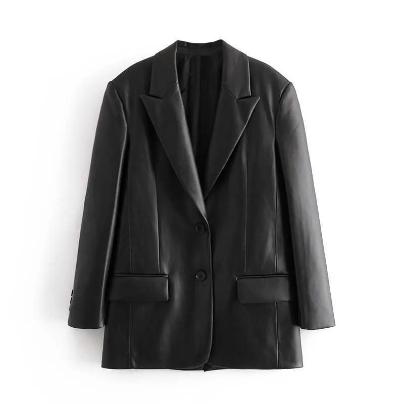 ZA elegant black PU blazer women casual long sleeve single button office suit jacket winter spring ladies korean 211006