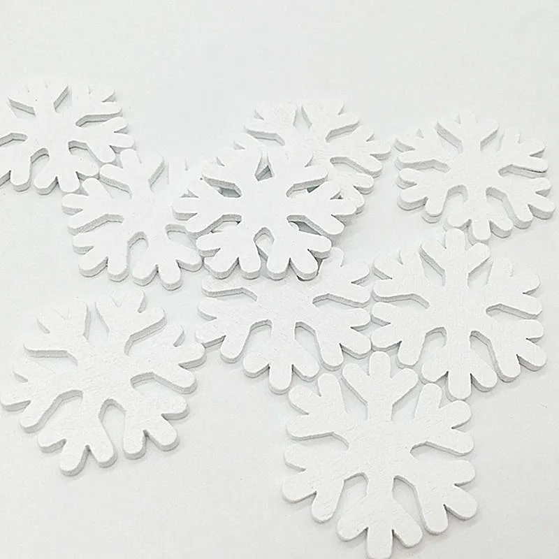 100 pezzi di fiocchi di neve in legno, decorazioni natalizie, cartoni animati, patatine bianche Y201020