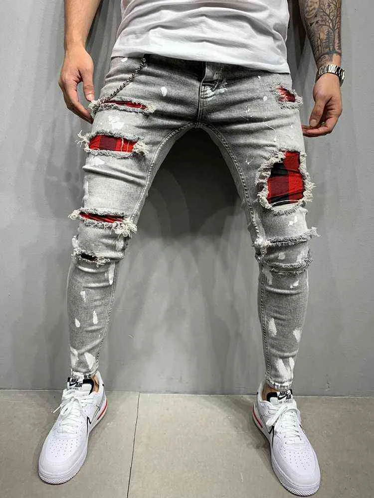 Men's Quilted Embroidered jeans Skinny Jeans Ripped Grid Stretch Denim Pants MAN Patchwork Jogging Trousers S-3XL 211111
