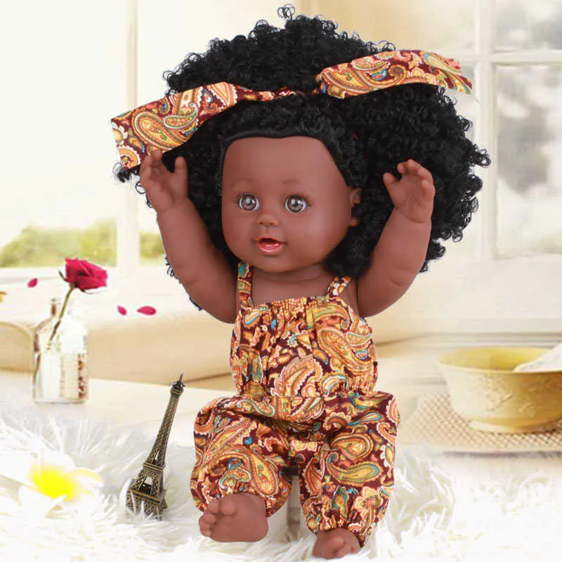 American Reborn Black Doll Handgjord Silicone Vinyl Baby Mjuk LifeLike Nyfödd Baby Doll Toy Girl Christmas Gift Q0910