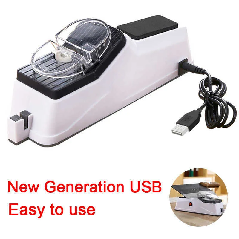 USB Elektrische Messenslijper Verstelbaar Voor Keukenmessen Gereedschap Schaar Slijpen Wit medium en fijn slijpmes 210615240C