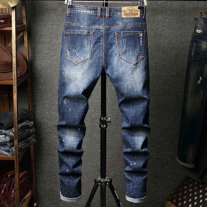 Hommes Hip Hop Ripped Stretch Slim Fit Jeans Pantalons Streetwear Homme Trous Encre Imprimé Casual Mendiant Denim Pantalon 211108