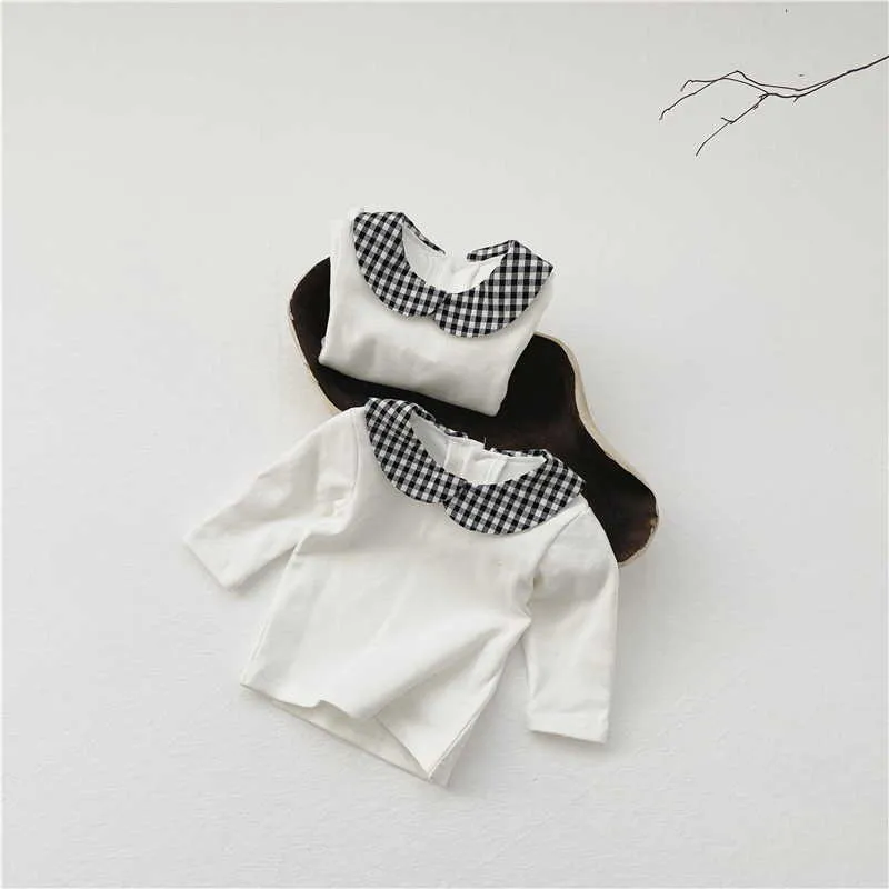 Wholesale Spring Korean Style Baby Girl 2-pcs Sets Peter Pan Collar T-Shirt + Overalls Bodysuit Kids Clothes E5026 210610