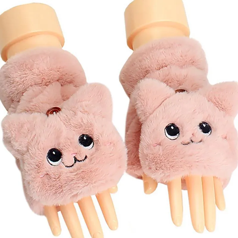 Cinq doigts gants femmes hiver fourrure mitaines sans doigts en peluche chaud mignon oreilles de chat flip épais pour fille flexible demi doigt273g