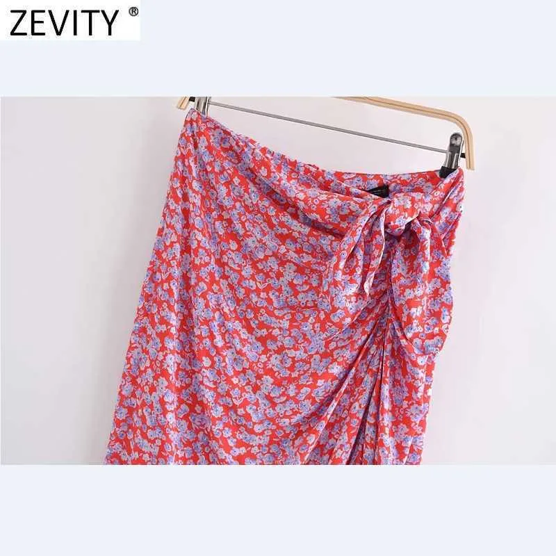 ZEVITY Kadın Tatlı Çiçek Baskı Ilmek Sarong Etek Faldas Mujer Kadın Chic Plise Split Vestido Geri Fermuar Ince Etekler QUN778 210621