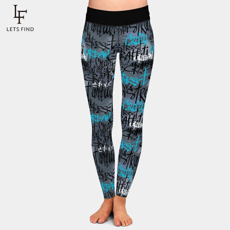 LETSFIND Marque Mode Hiver Femmes Plus La Taille Pantalon 3D Doodle Lettre Élément Impression Numérique Taille Haute Doux Workout Leggings 211204