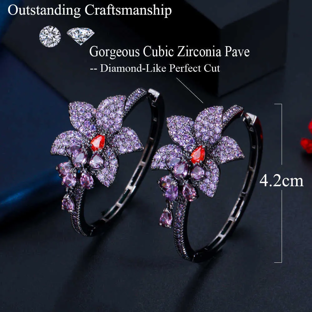 Chic Black Gold Color Purple Cubic Zirconia Crystal Round Big Dangle Drop Flower Charms Hoop Earrings for Women CZ820 210714