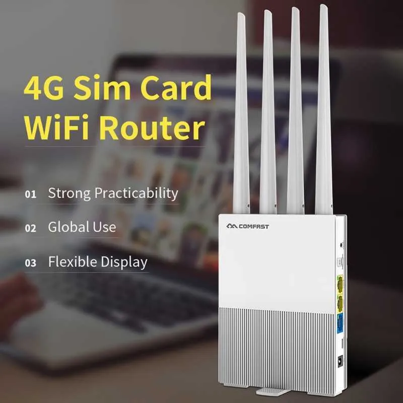 Comfast E3 4G LTE 2.4GHz Wifiルーター4アンテナSIMカードWAN LANワイヤレスカバレッジネットワークエクステンダUSプラグ210607