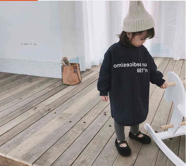 Autumn Winter Korean style girls fleece long sleeve hoodies dress 2-6 years kids warm cotton casual clothes Tops 211231