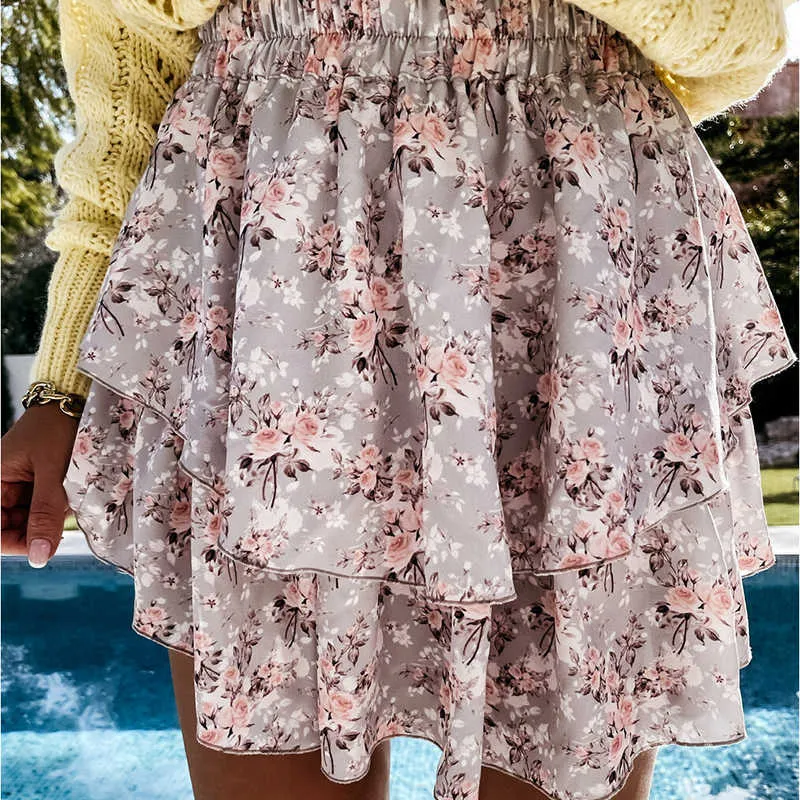 Falda corta floral de doble capa de verano Diseño de impresión de cintura alta elástica Casual Sweet Fresh Chic 210730