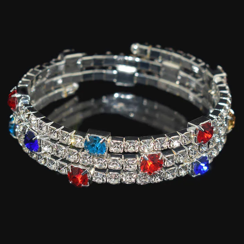 Mode Goud Verzilverd Rhinestone Manchet Armband Voor Vrouwen Meisje Rood Blauw Kleurrijke Shinning Crystal Width Armbanden Armbanden Q0719