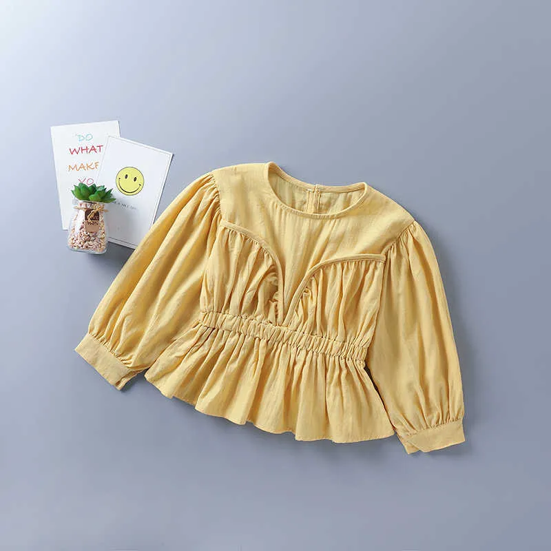 2-7 anos de alta qualidade menina vestuário conjunto outono casual camisa ruched camisa sólida + pérola denim calça criança crianças pano 210615