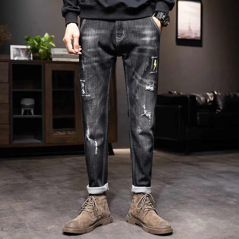 Biker Jeans Hommes Bleu Foncé Stretch Slim Fit Distressed Streetwear Imprimé Motif Denim Pantalon Casual Homme Pantalon Hip Hop Jeans X0621