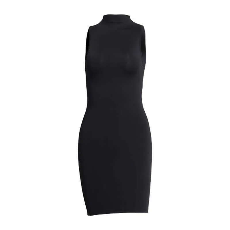 Sexy effen jurk vrouwen nachtclub bodycon coltrui solide mouwloze elegante dames jurk strakke billen mini-jurk maat 210604