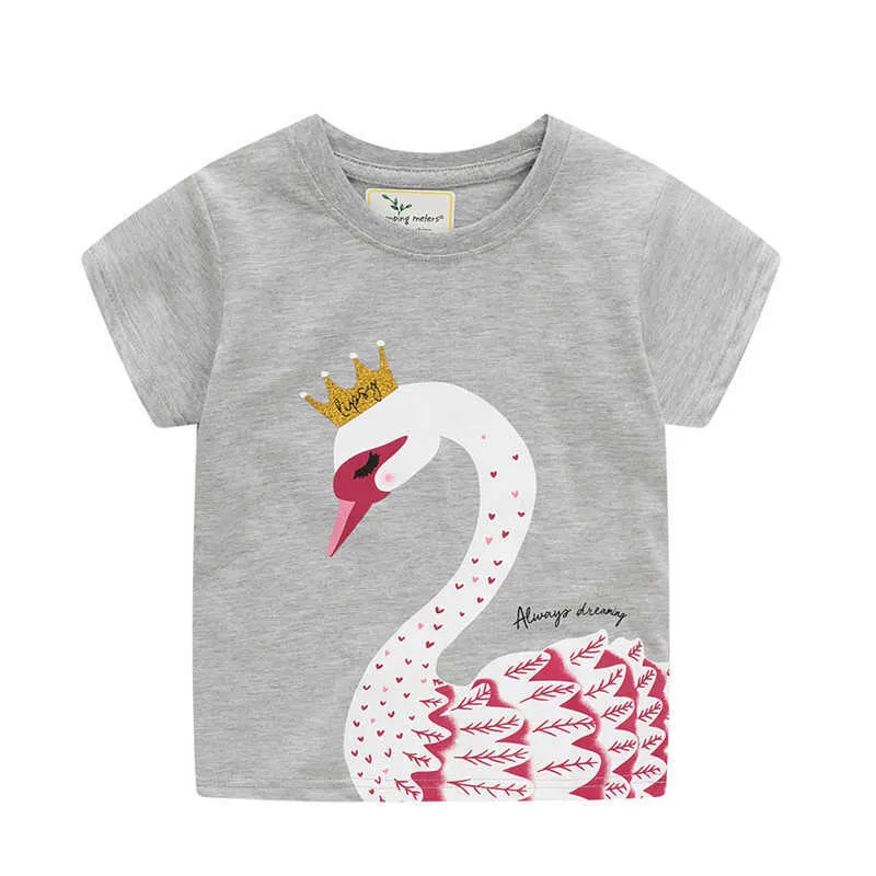 Springende meter Aankomst Animal Goose Print Meisjes Zomer Tops Katoenen Korte Mouw Kinderkleding Kinder T-shirts Tee Shirts 210529