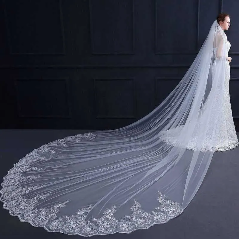 4M One-Layer Women Trailing Cathedral Long Wedding Veil Embroidered Floral Lace Applique Scalloped Trim Bridal Veil With Comb X0726