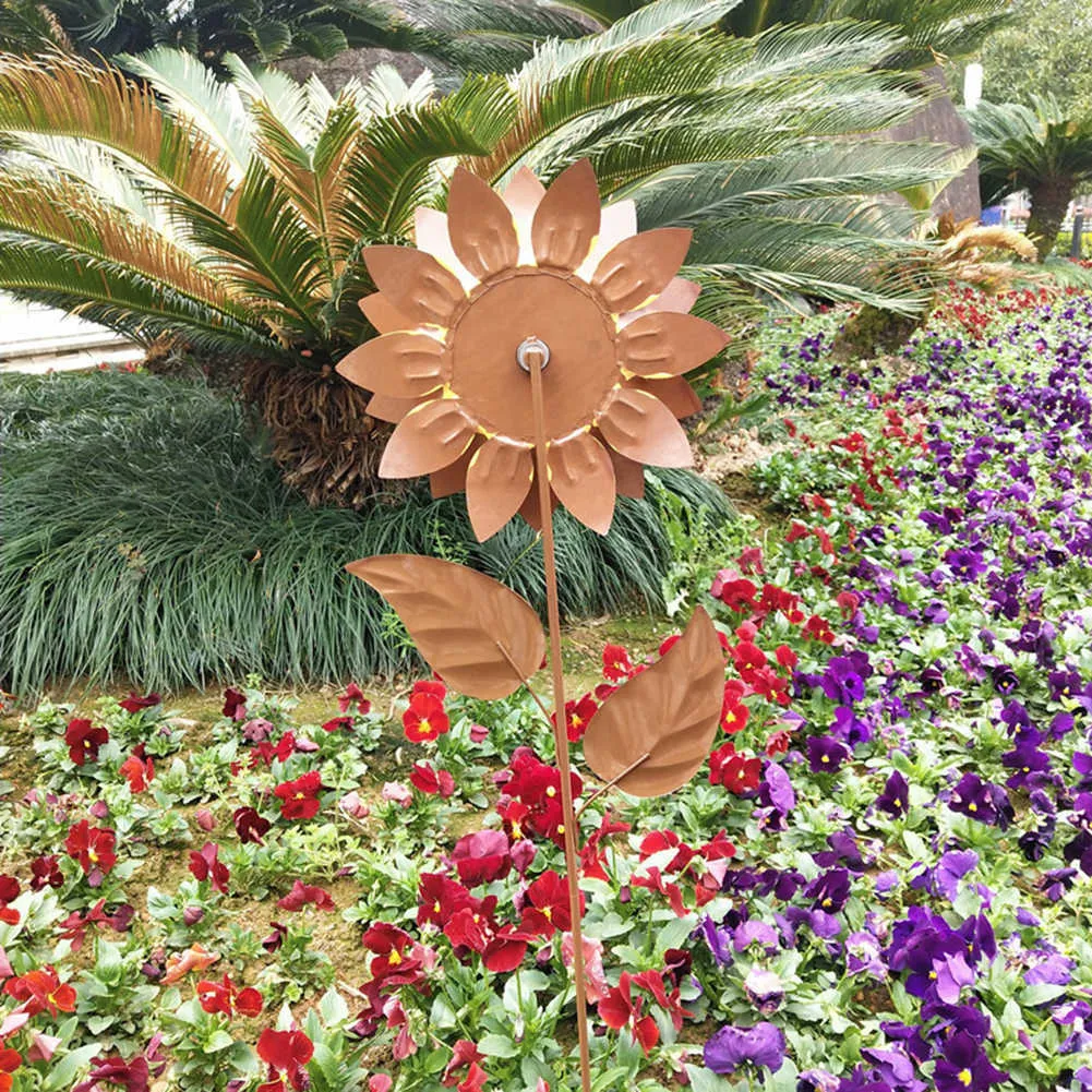 太陽の花の風力スピナー錬鉄金属ステーク回転風車手工芸品防水防食耐性庭の装飾Q0811