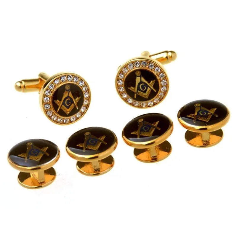 Boutons de manchette de smoking maçon en cristal doré, clous de col, 6 pièces, boutons de manchette maçonniques, ensemble de bijoux pour hommes