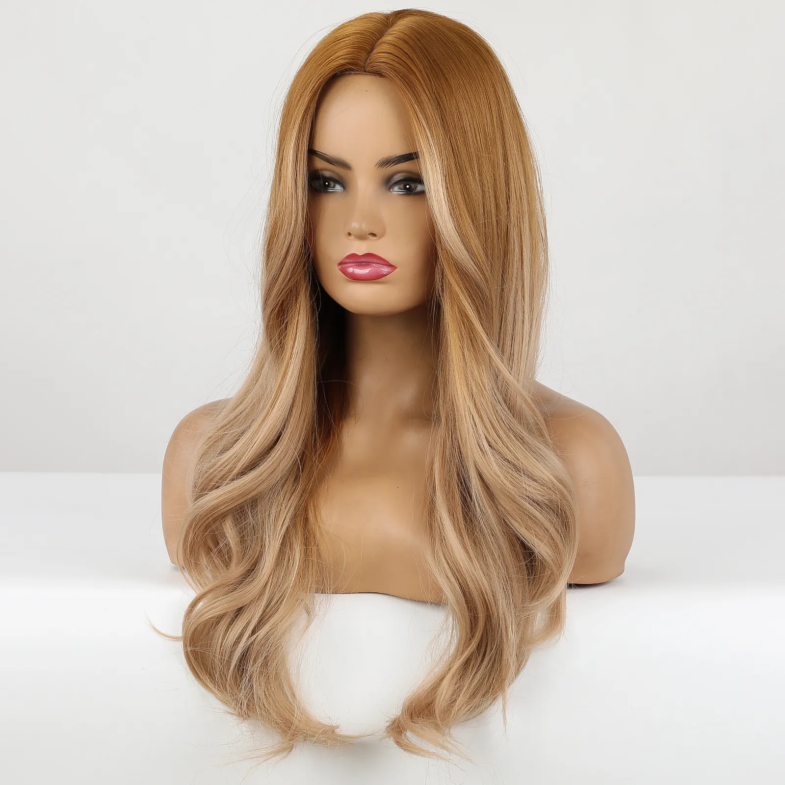 Long Wavy Women Wigs Middle Part Ombre Yellow Brown Highlight Blonde Ash Synthetic Cosplay Party Hair Wig Heat Resistant Fibrefactory direct