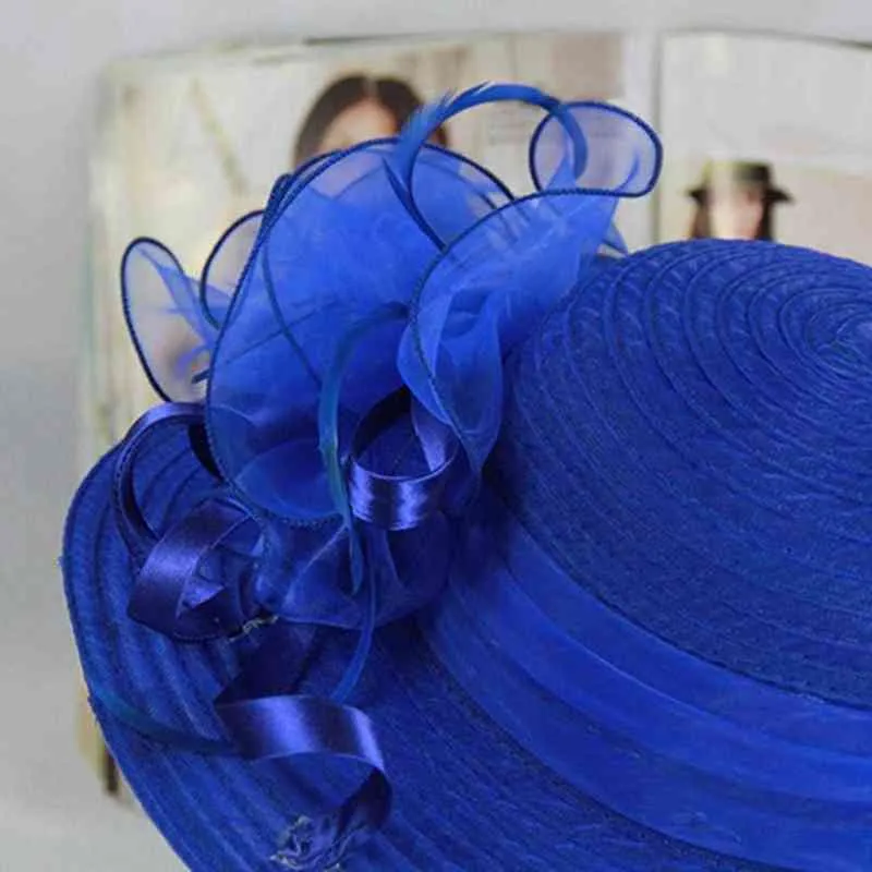 Zarif Moda kadın Kilisesi Şapkalar kadın Organze Çiçek Geniş Brim Kentucky Derby Kilisesi Elbise Güneş Şapka Düğün Deniz Plaj Kapaklar G220301
