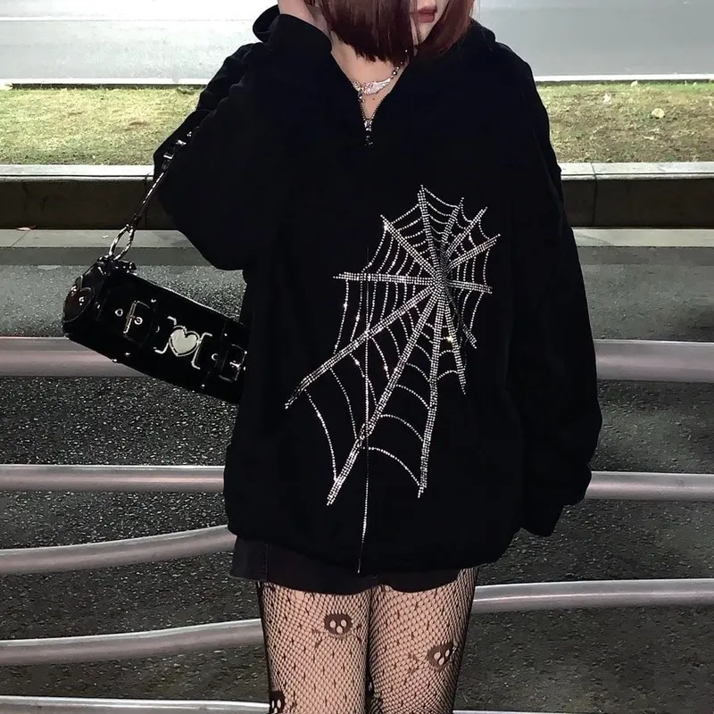 Gothic spinnenweb rits hoodie paar trend Harajuku punk oversized kleding Sweatshirt dames en heren 220217