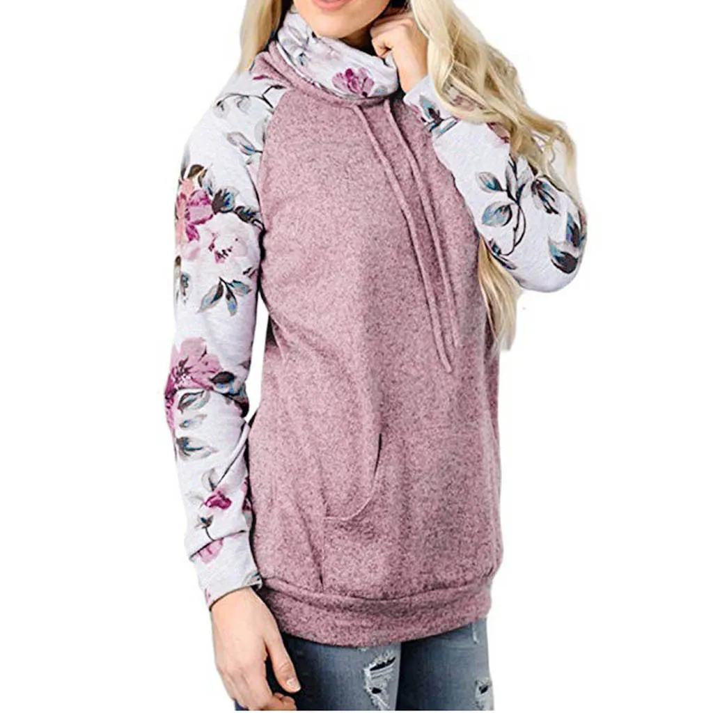 Kobiety Turtleneck Bluzy Bluza Kwiatowy Patchwork Plus Rozmiar Luźne Topy Damskie Swetry Pullover Running Sports Bluzy T200723