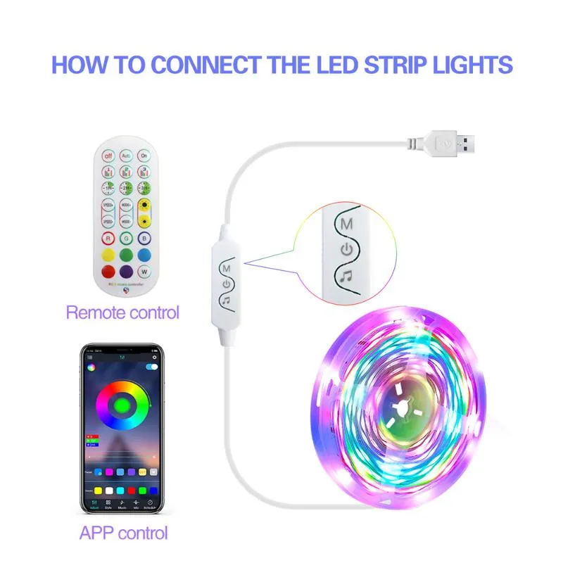 Полоски светодиодные ленты Bluetooth с питанием от USB с пультом Vocie RGBIC с изменением цвета ТВ-подсветка для домашнего декора2084