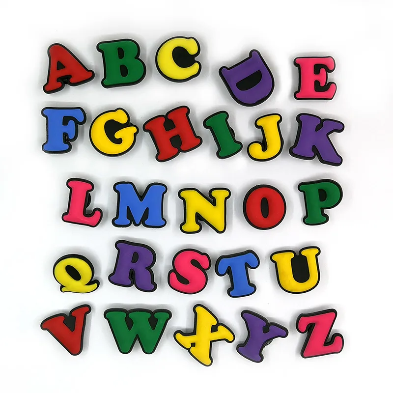 Breloques en PVC avec lettres de couleur, accessoires adaptés aux Bracelets s, bandes Cro c JIBZ, boucles de chaussures, ornements comme cadeaux pour enfants, 26 pièces