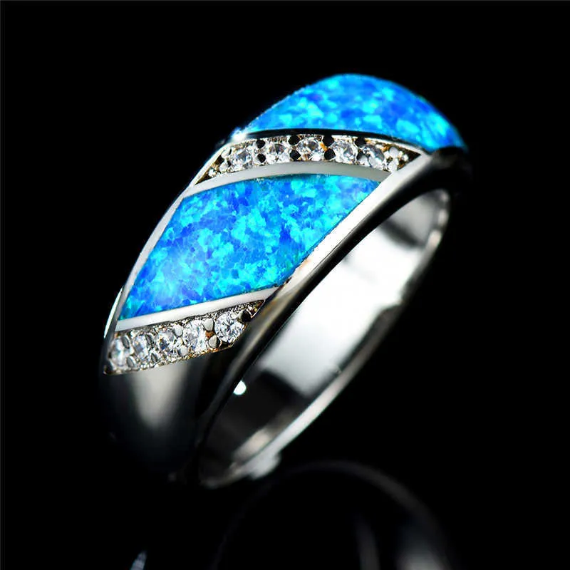 Geometrisk Promise Kärlek Förlovningsring Charm Kvinna Blå Vit Brand Opal Stone Ring Vintage Silver Färg Bröllop Ringar För Kvinnor X0715