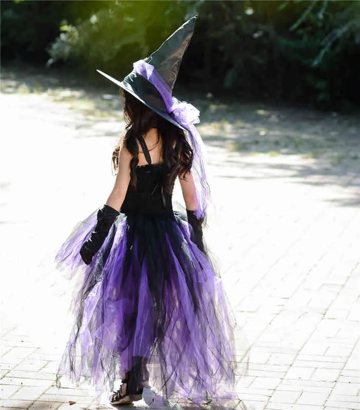 Purple Kids Girls Halloween Fairy Party Dresses with Hat Black Witch Toddler Baby Girls Birthday Cosplay Costumes Children Dress G1218