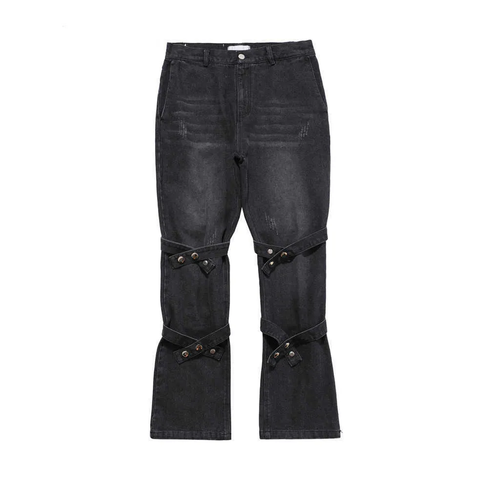 Hip Hop Punk Mens Micro-Flare Jeans Funktionell Bandage Fluttering Slim Fit Denim Trousers Streetwear Wash Distressed Flare Jean C0607