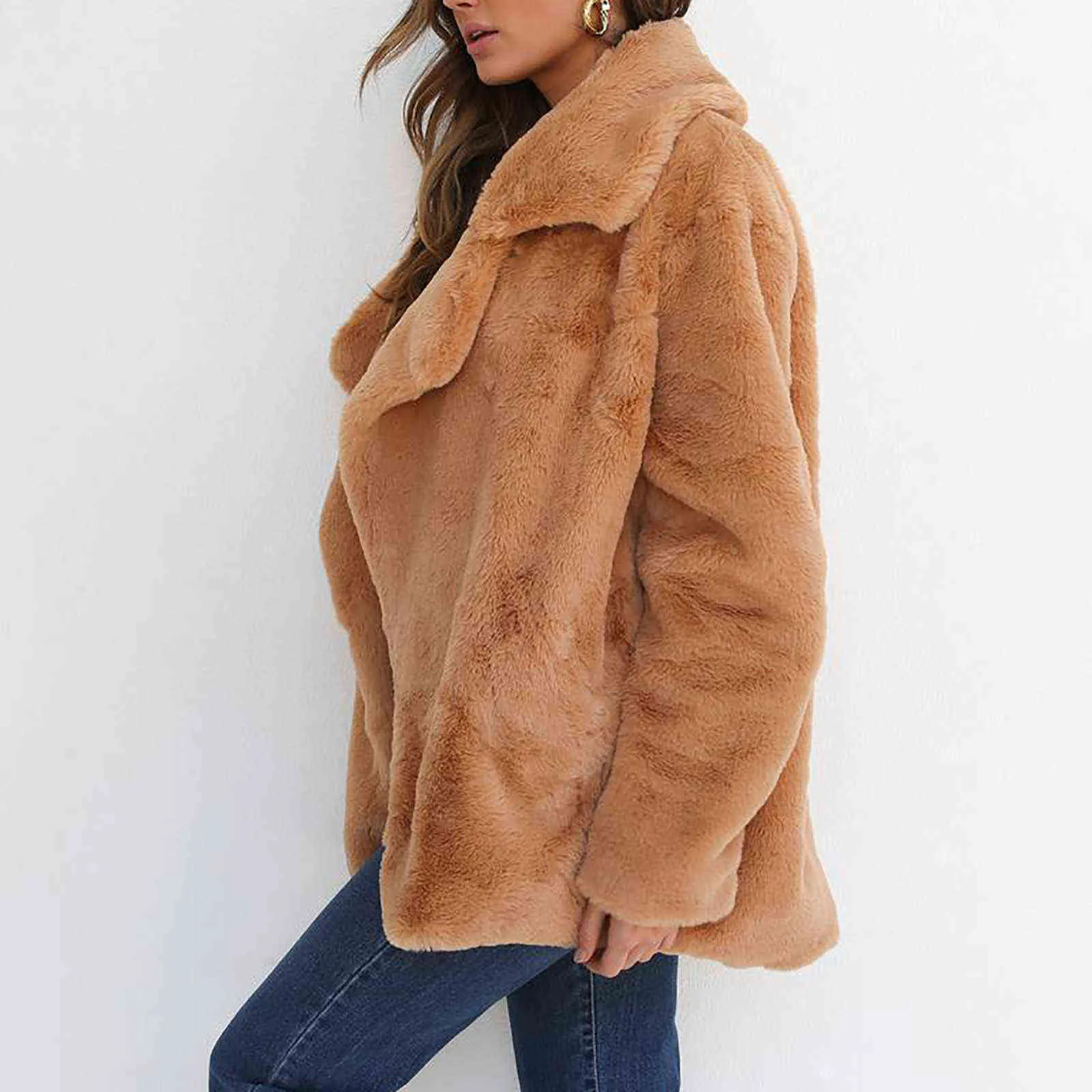 女性の冬の豪​​華なコート柔らかい女性の毛皮のジャケットを折りたたむ襟の暖かい壁のカジュアル女性ピンクの黒いライトブラウンコート211110
