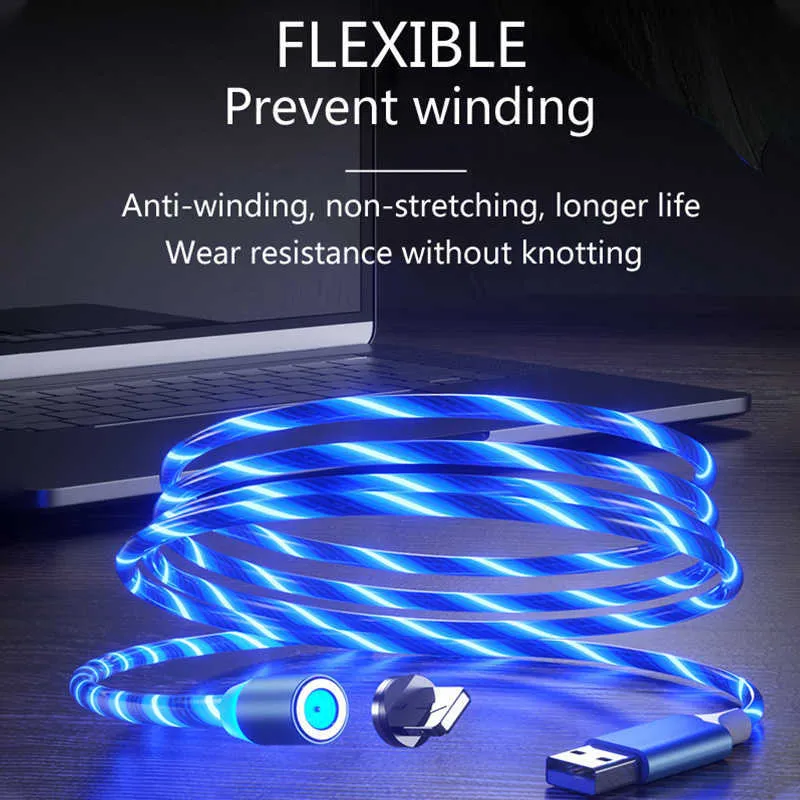 Câble USB 3 en 1 Nouveau 360ﾰ USB LED Flowing Magnetic Charger Phone Charging Cable pour Xiaomi Huawei Samsung Car