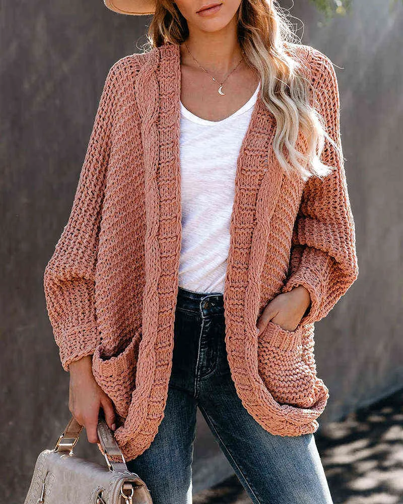 Fitshinling Manches Chauve-Souris BOHO Tricoté Cardigan Poches Vacances Surdimensionné Manteau D'hiver Twist Lâche Vintage Long Cardigans Femmes 211103