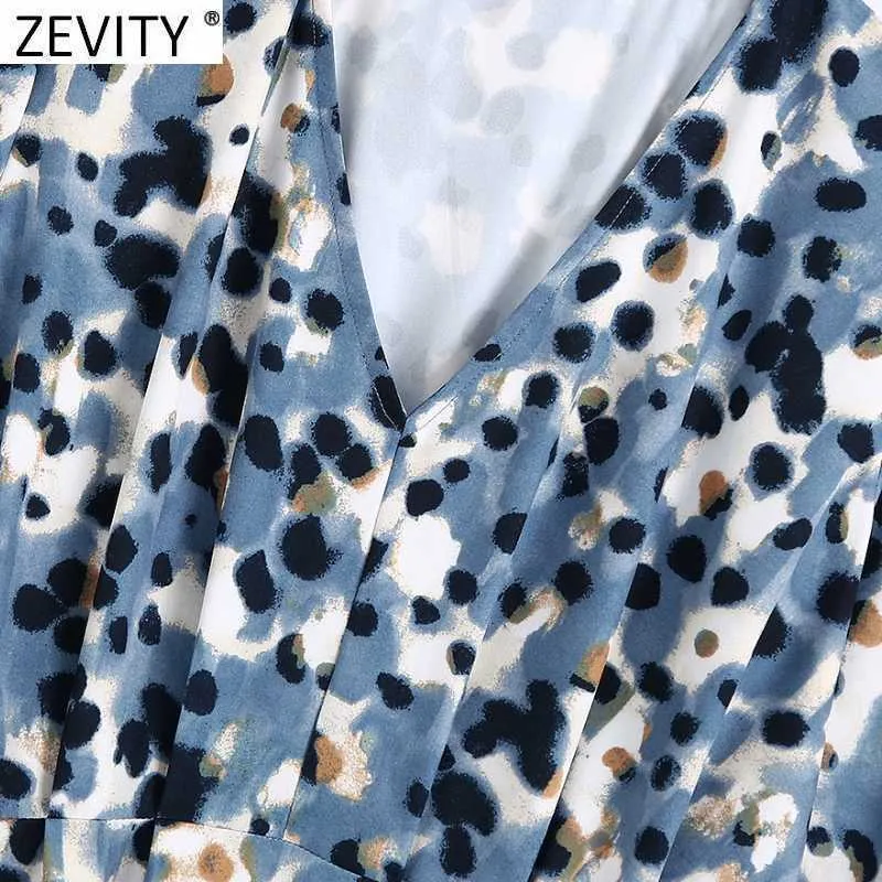 Zevity Women Elegant V Neck Bläck Leopard Utskrift Pläterad Midi Dress Femme Retro Långärmad Business Casual Slim Vestido DS4811 210603