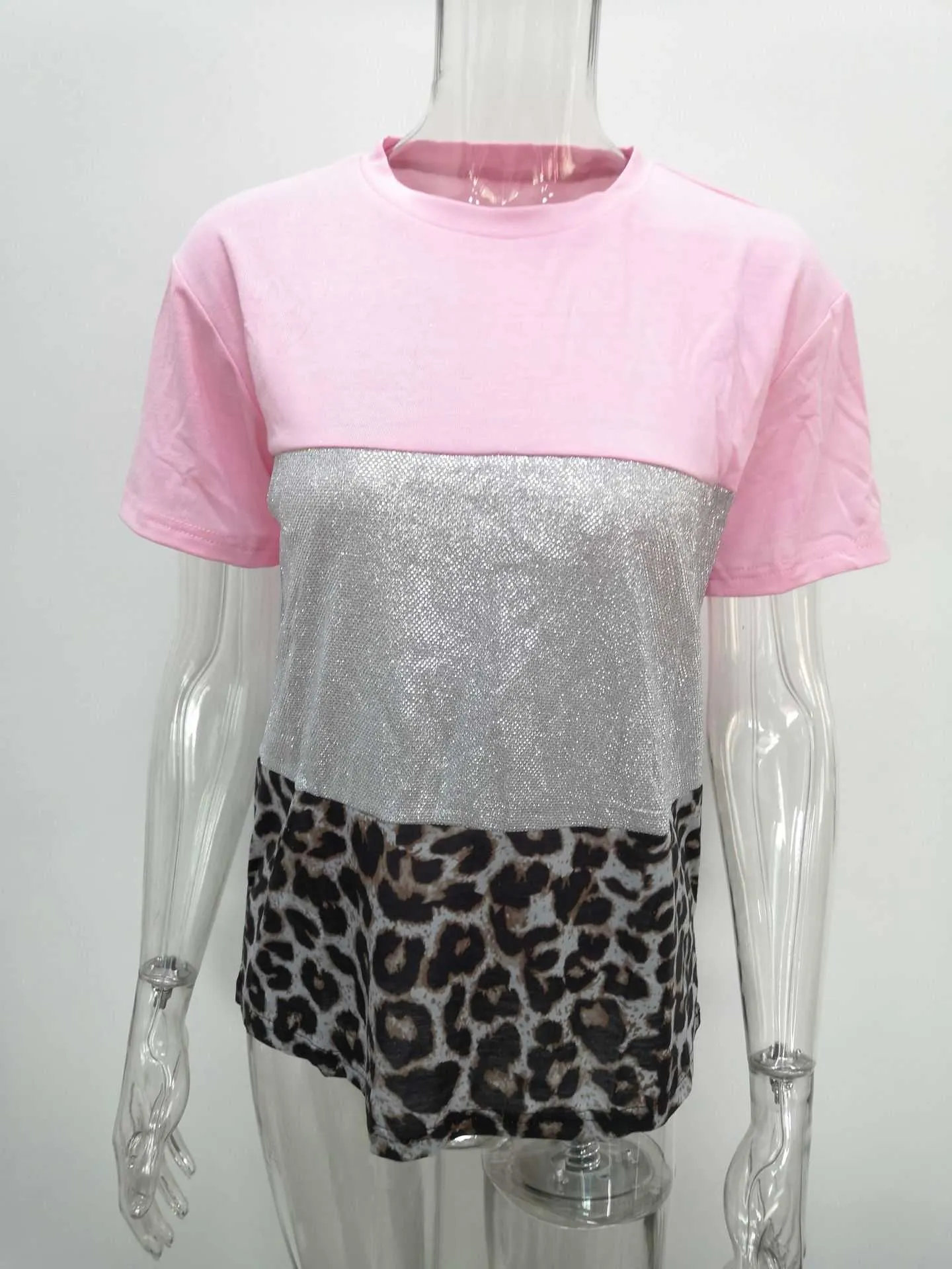 ヒョウスプライスされたトップス女性カラーブロックカット縫いoネック半袖カジュアルTシャツ夏の緩い女性Tシャツプラスサイズ210526