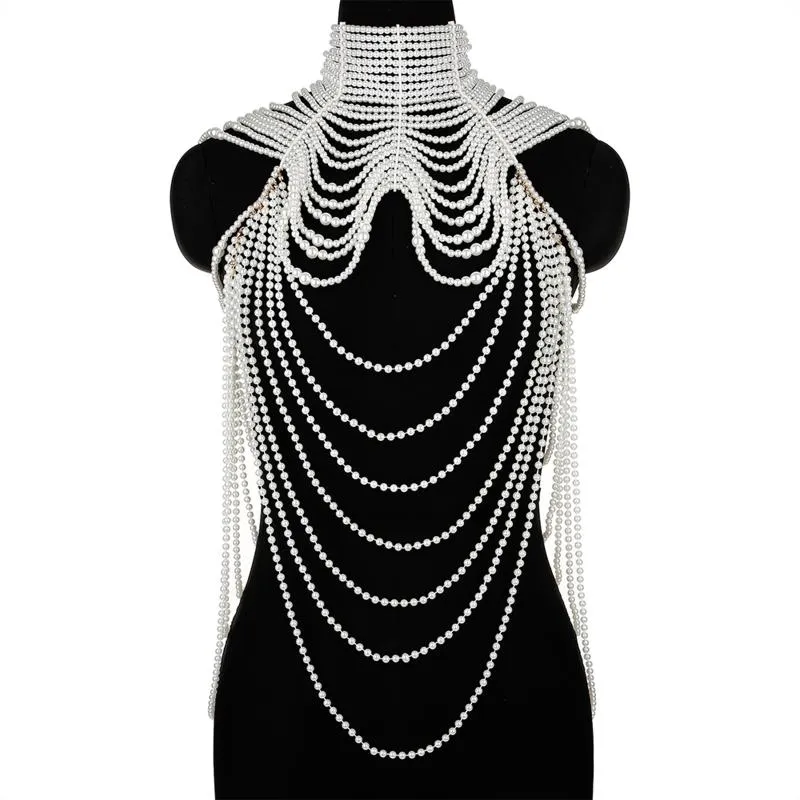 Neckband 449B Kvinnor Multi Layered Simulated Pearl Bib Necklace Collar Beaded Tassel Faux Leather Shoulder Chain Bh Top Body Jewe2765