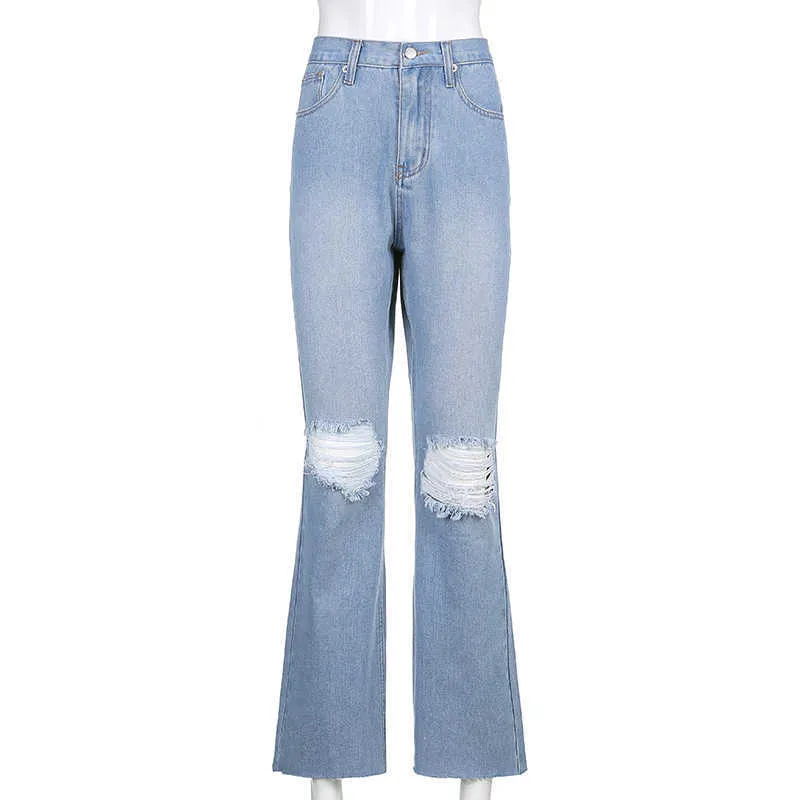 Mode déchiré bleu Y2K Flare jean pour filles femme décontracté femmes Vintage Denim pantalon taille haute pantalon Harajuku 210809