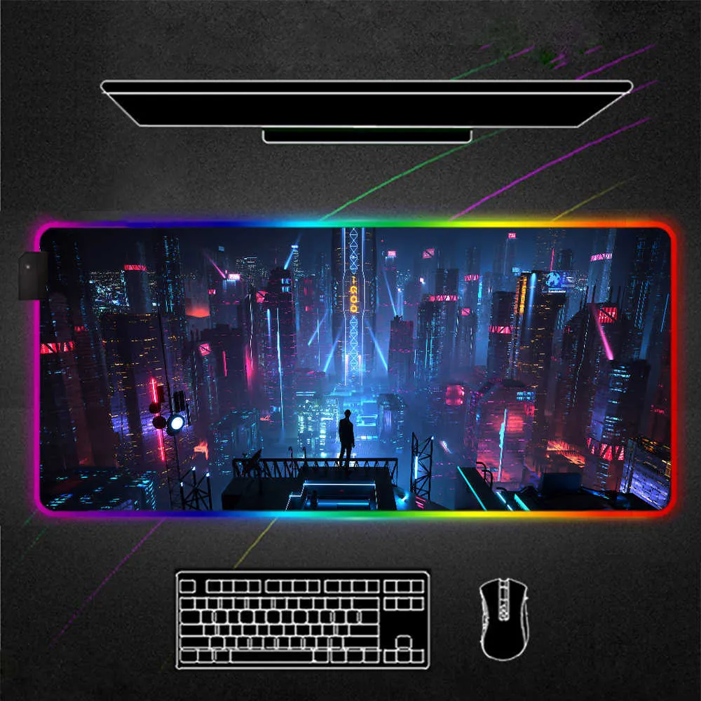 City night view RGB Mouse Pad Black Lights Neon Acessórios para jogadores LED MousePad Large PC Desk Play Mat com mesa de jogos retroiluminada Y07236d