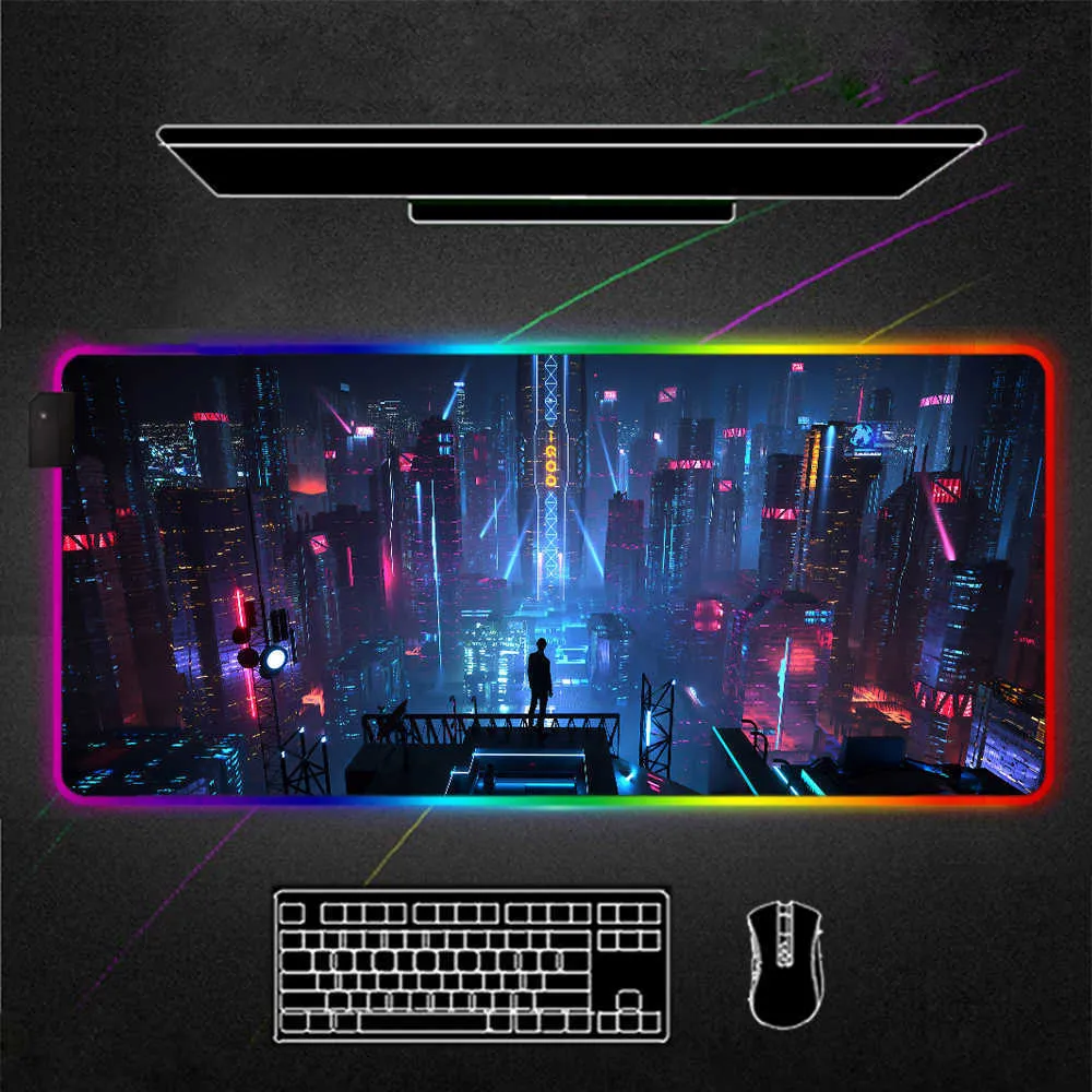 City Night View RGB Myse Pad Black Neon Lights Akcesoria Gamer LED MOUSEPAD DUŻY PC BURE