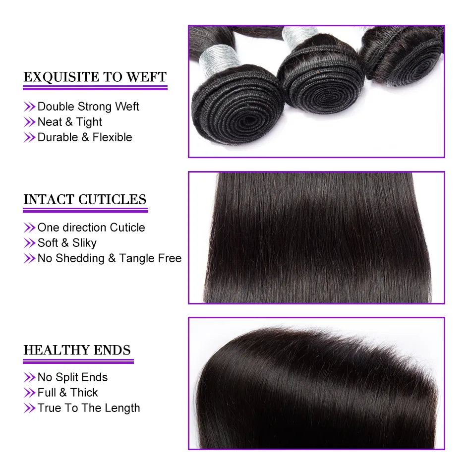 Trame de cheveux brésiliens glamour droite 3 pièces faisceaux brésiliens 10A Remy faisceaux de cheveux humains Extensions de couleur naturelle