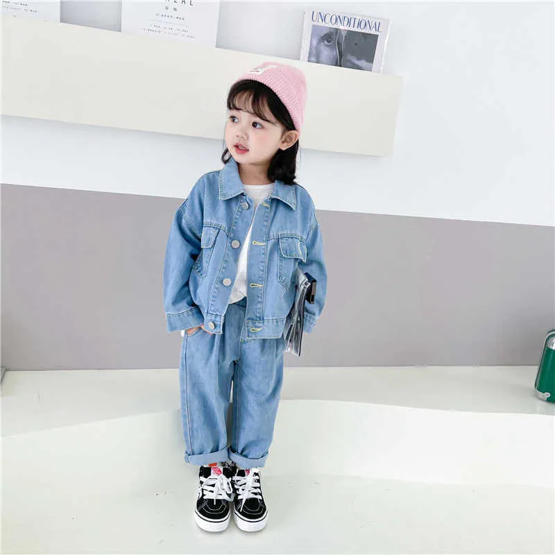 Partihandel Spring Baby Girl 2-PCs Set Långärmad Denim Jacka + Jeans Casual Style Kids Kläder E6058 210610