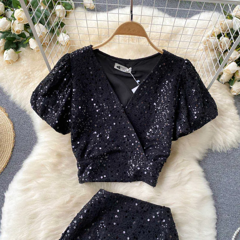 Deat Women Sequined Puff Sleeve Crop Top Kjol Kort Två Piece Set Fashion Temperament Spring Summer 11d 210709