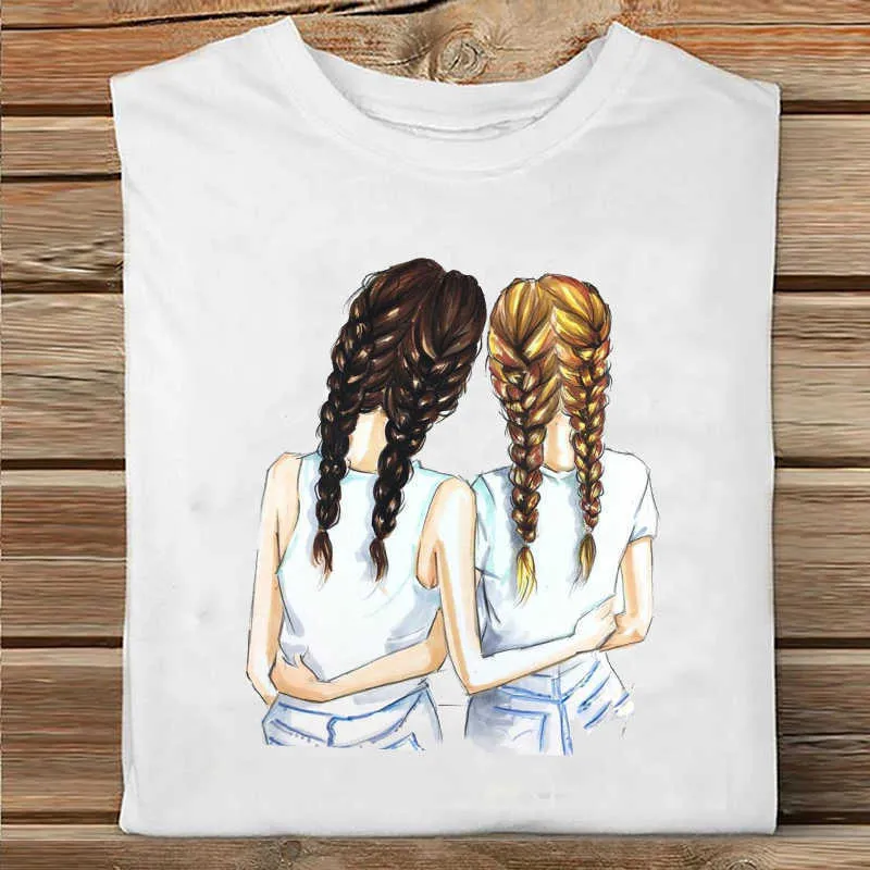 Femmes à manches courtes café temps tendance mignon dessin animé soeur amis vêtements imprimer T-shirt femme T-shirt haut dames graphique T-shirt X0628