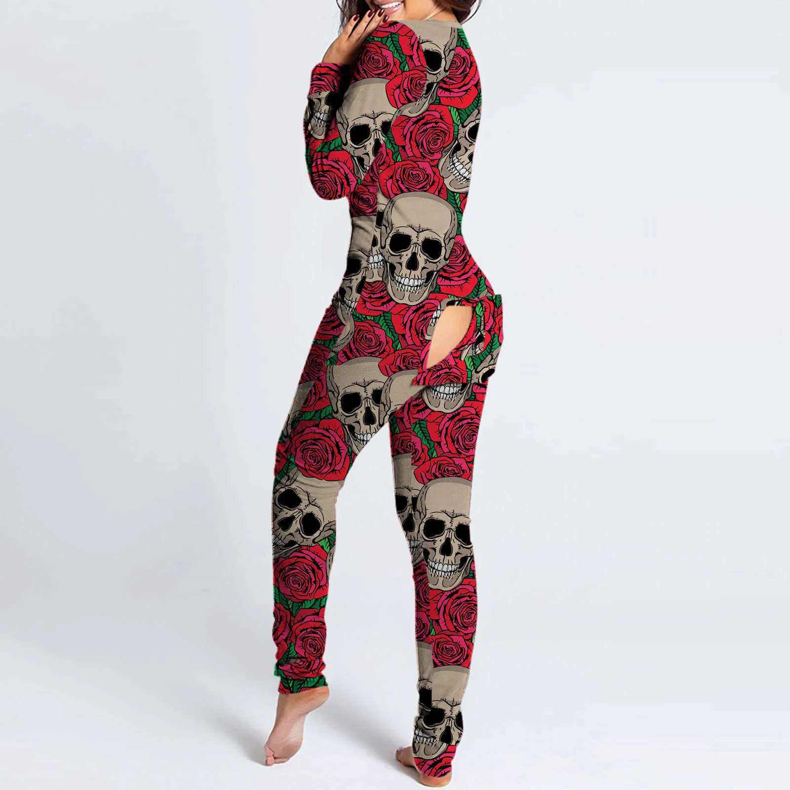Sexy Women Pajama Set Halloween print Button-down Front Functional Buttoned Flap Adults Jumpsuit Open Butt Pajamas Onesies 211228