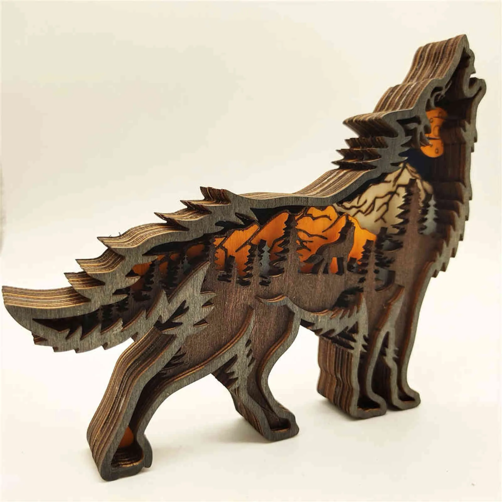 Christmas Decoration Wooden Hollowed Small Wolf LED Light Cute Desktop Ornaments Home Decor Accessories 211108