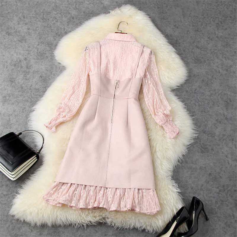 Wiosna Kobieta Ubrania Elegancki Długim Rękawem Hollow Lace Dress 2 Sztuka Garnitur Casual Sweet Pink Vestidos Party Robe Femme 210601