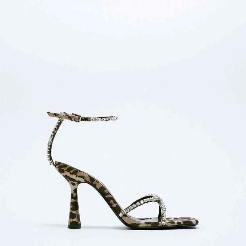 Sandals Women Pumps Summer New Personalized Leopard Print High Heels Luxury Rhinestone Inlay Cross Belt High-heeled Sandals 220226